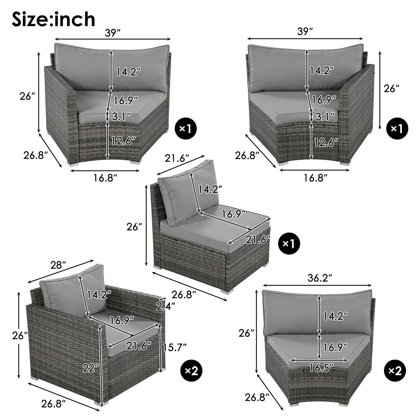 9-Pieces Outdoor Half-moon Patio Sofa Set, Round Sofa Set, Modern
