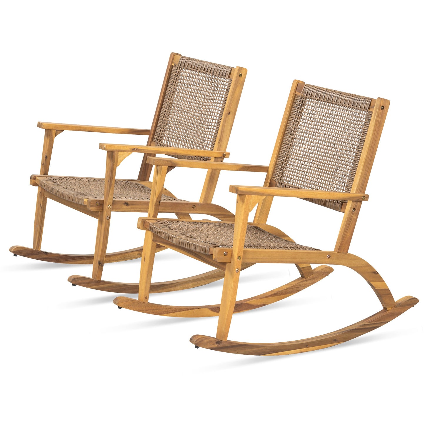 2 Pieces Patio Rocking Chair Set, Acacia Wood Outdoor Rockers with