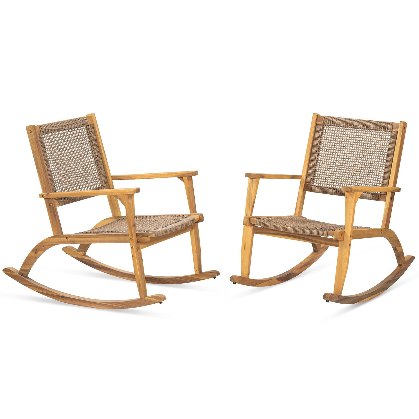 2 Pieces Patio Rocking Chair Set, Acacia Wood Outdoor Rockers with