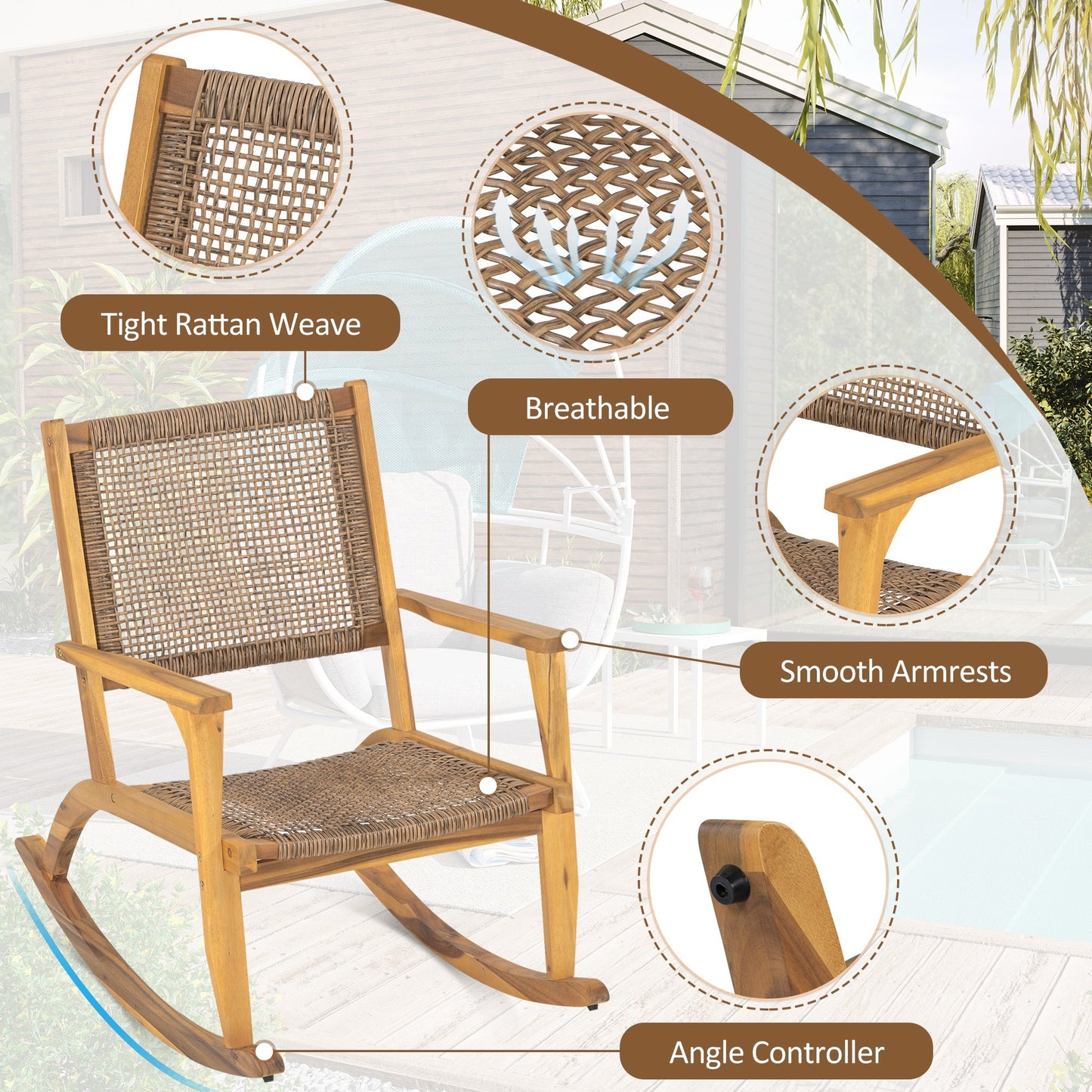 2 Pieces Patio Rocking Chair Set, Acacia Wood Outdoor Rockers with