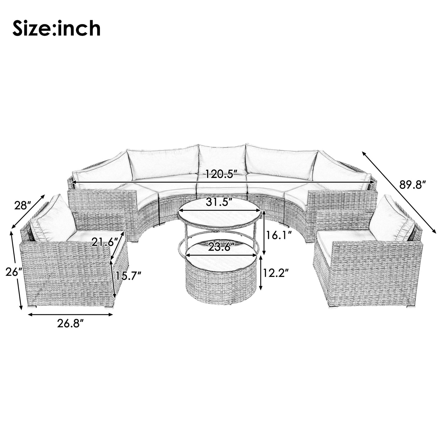 9-Pieces Outdoor Half-moon Patio Sofa Set, Round Sofa Set, Modern