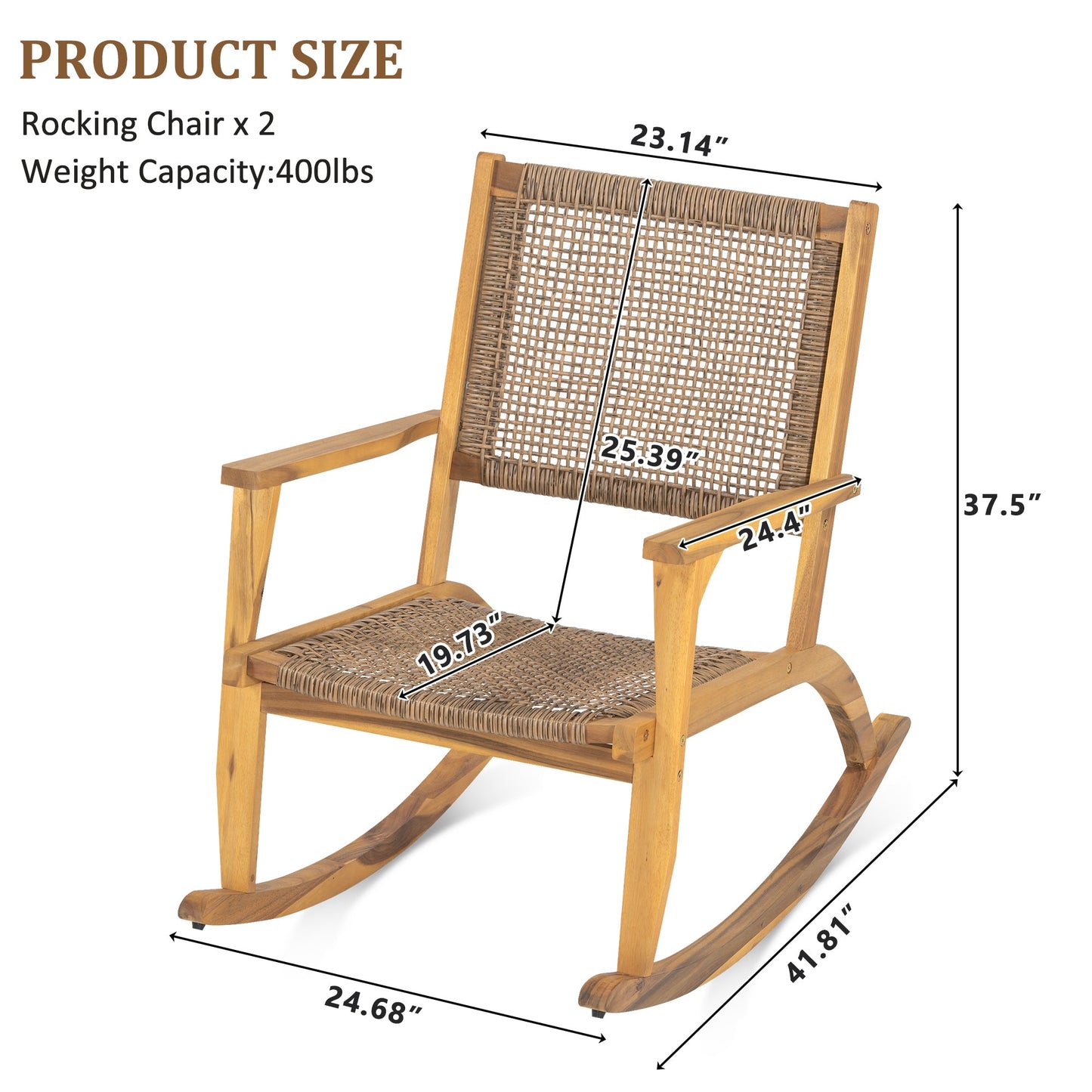 2 Pieces Patio Rocking Chair Set, Acacia Wood Outdoor Rockers with