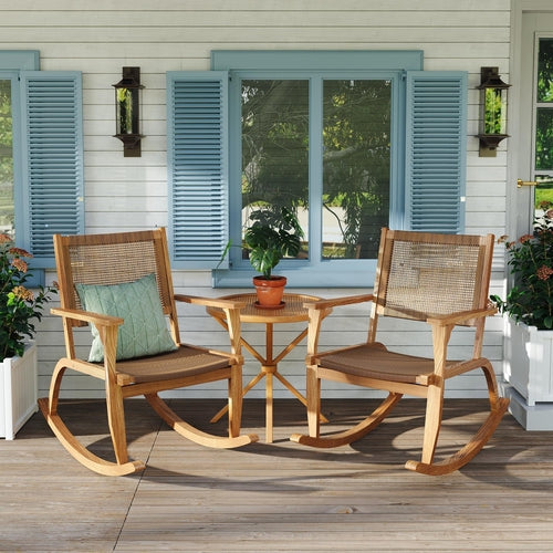 2 Pieces Patio Rocking Chair Set, Acacia Wood Outdoor Rockers with
