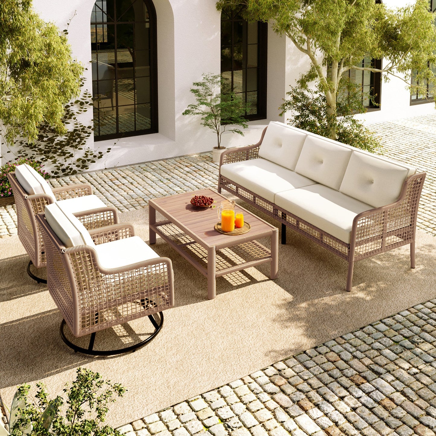 4 Pieces Patio Furniture Set with Swivel Chairs, Outdoor Wicker Sofas